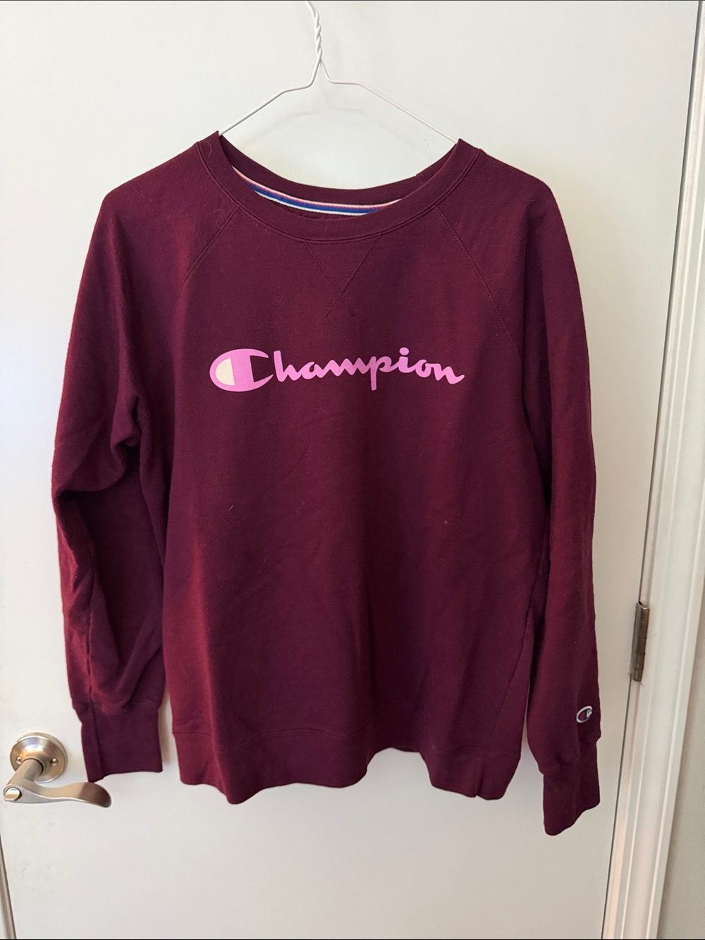 Champion Burgundy Crewneck Sweatshirt with Pink Logo